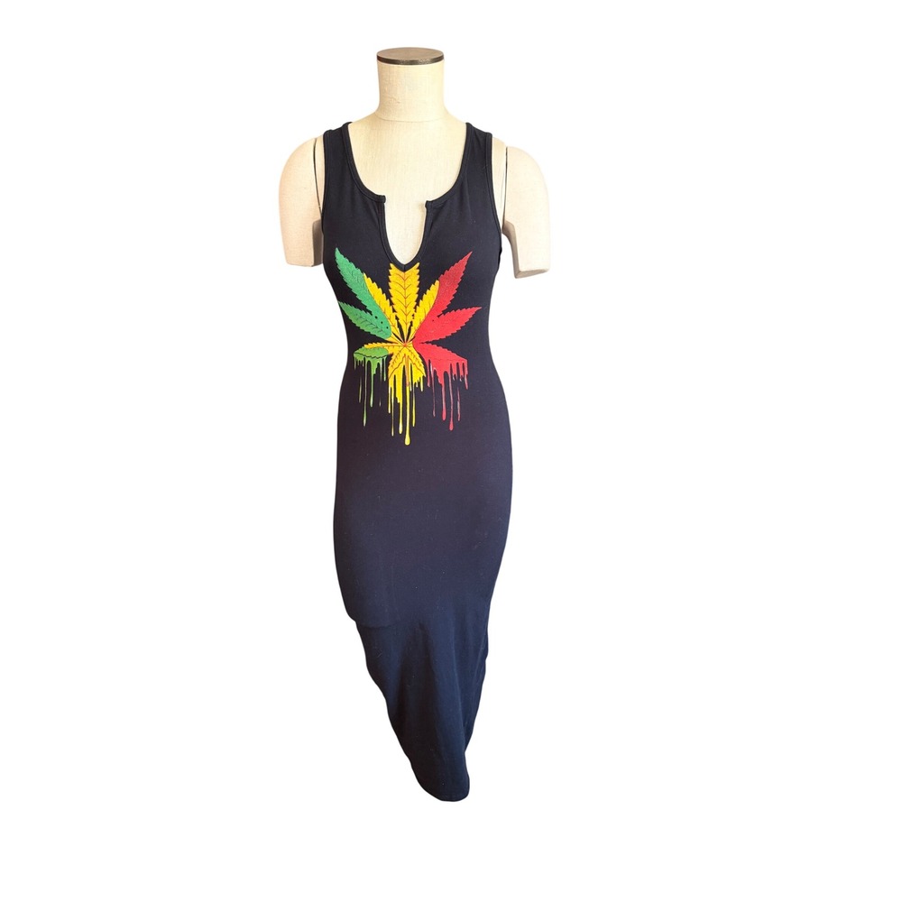 M & M Graphic Maxi Dress Small Black Rasta Pot Leaf Notched Neck Bodycon Tank‎